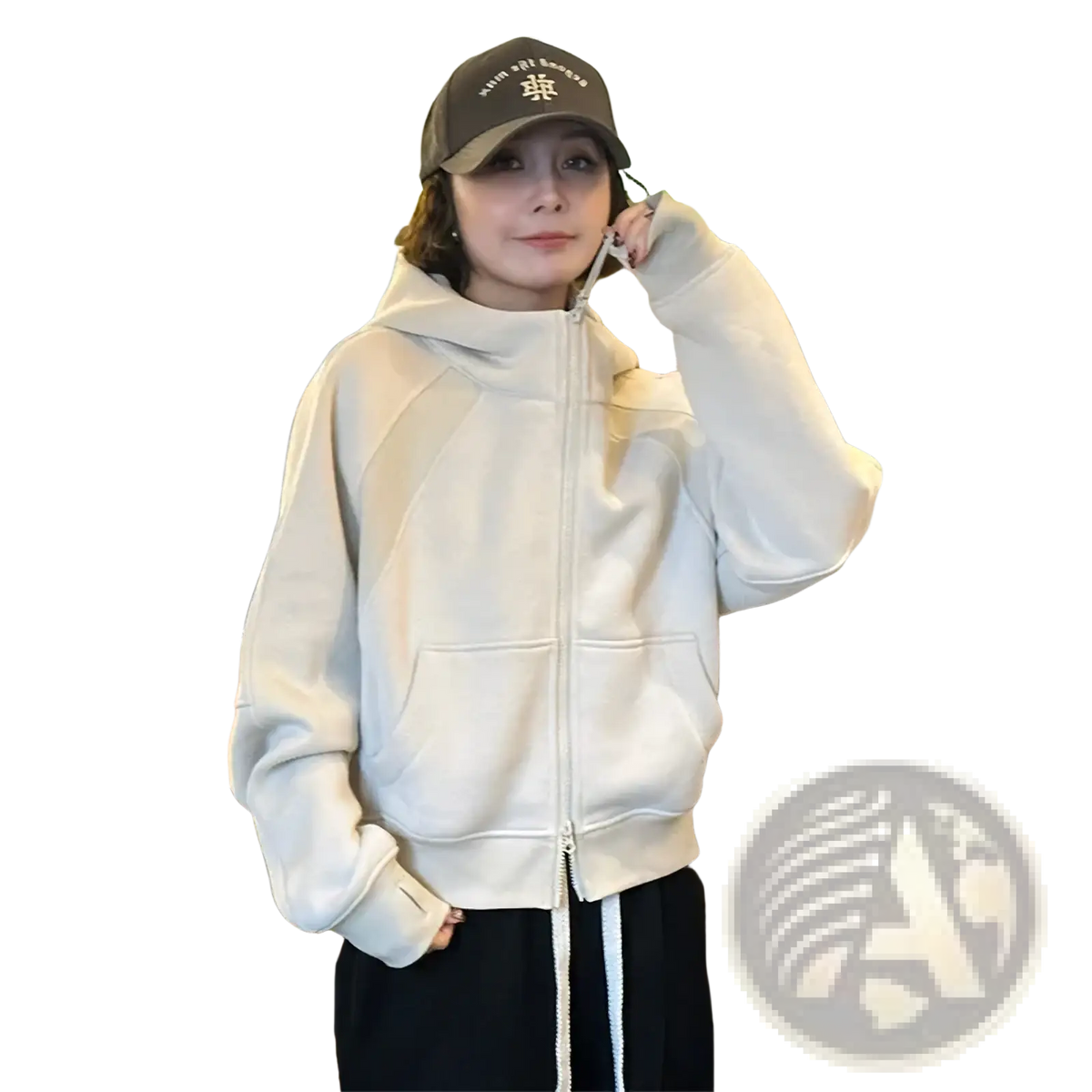 Women fleece zip up hoodie in off-white with a hood, front pockets, ribbed cuffs, and hem for casual wear