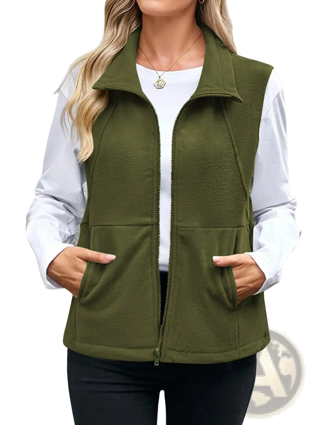 Olive green women fleece zip vest with collar front zipper and pockets made of soft fleece material