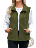 Olive green women fleece zip vest with collar front zipper and pockets made of soft fleece material