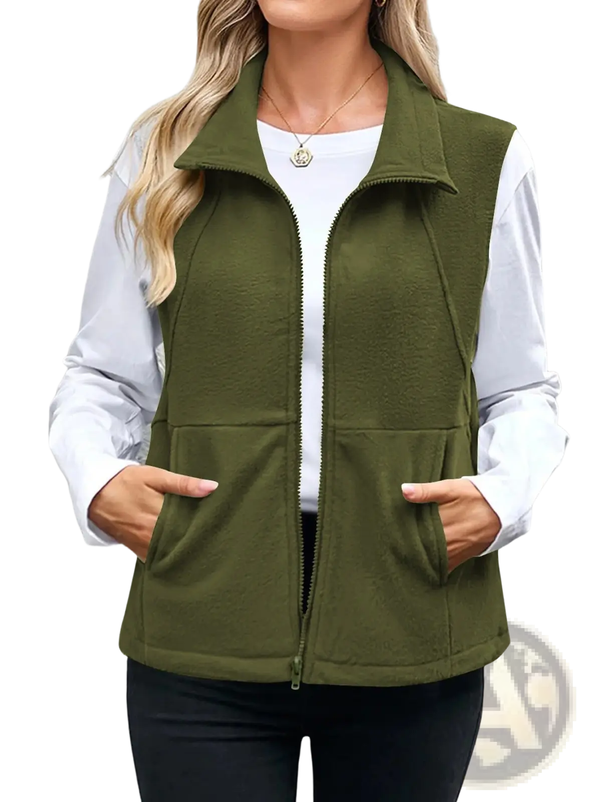 Olive green women fleece zip vest with collar front zipper and pockets made of soft fleece material