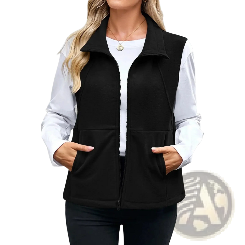 Black fleece zip vest for women featuring two front pockets and a collar for warmth and comfort