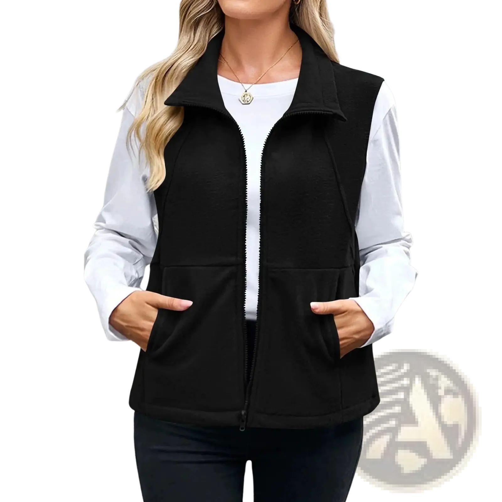 Black fleece zip vest for women featuring two front pockets and a collar for warmth and comfort