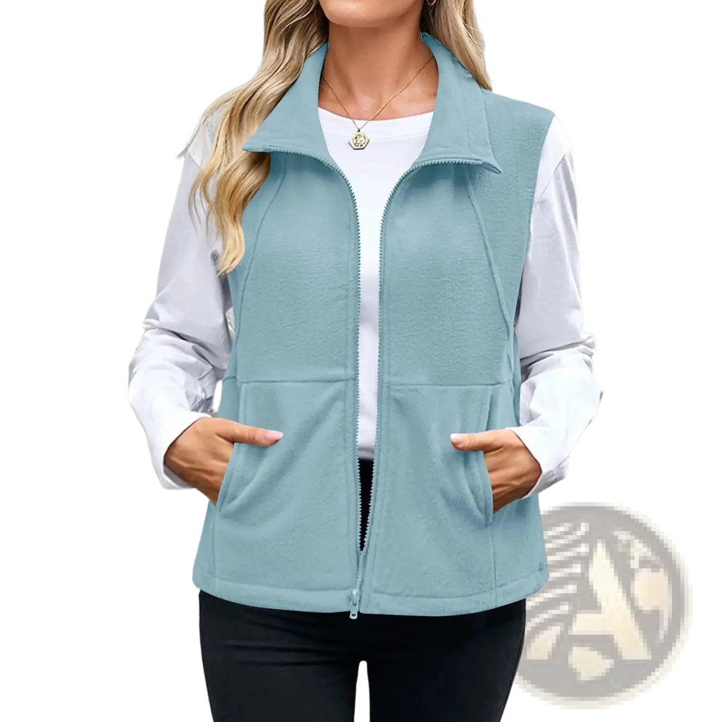Light blue women fleece zip vest with front zipper and two side pockets for outdoor and casual wear