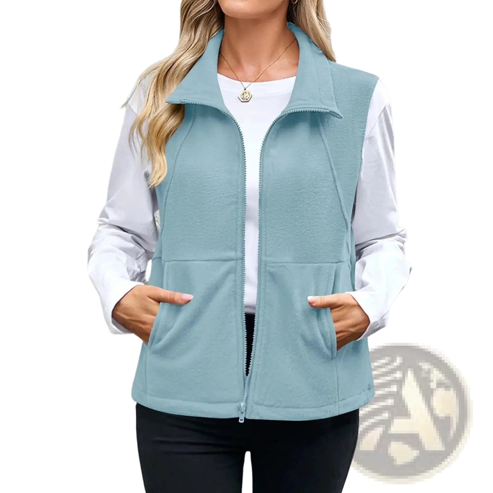 Light blue women fleece zip vest with front zipper and two side pockets for outdoor and casual wear