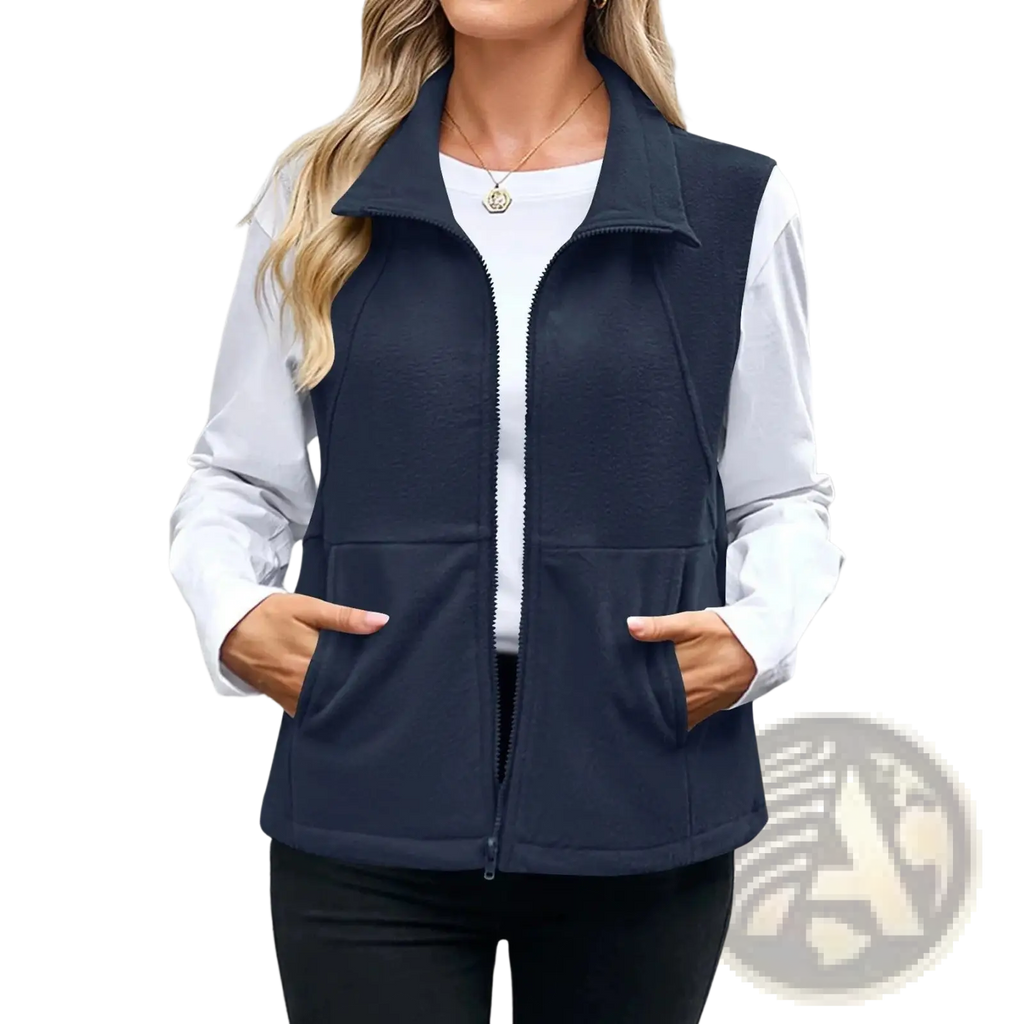 Women fleece zip vest in navy blue with collar front zipper and two large pockets for added convenience