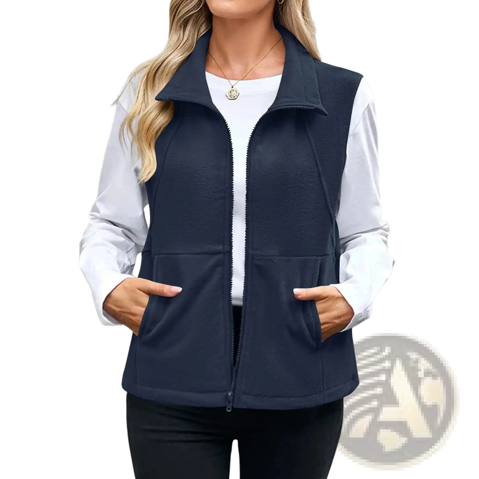 Women fleece zip vest in navy blue with collar front zipper and two large pockets for added convenience