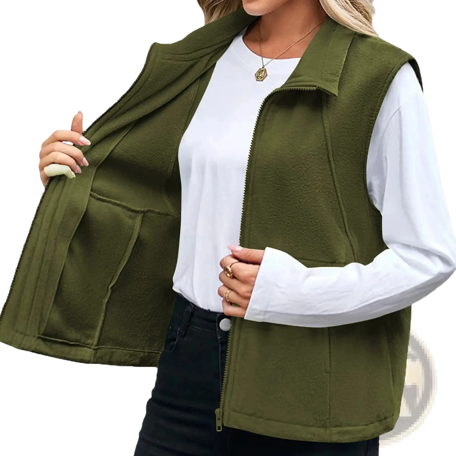 Women fleece zip vest in olive green featuring a front zipper and side pockets made of soft fleece material