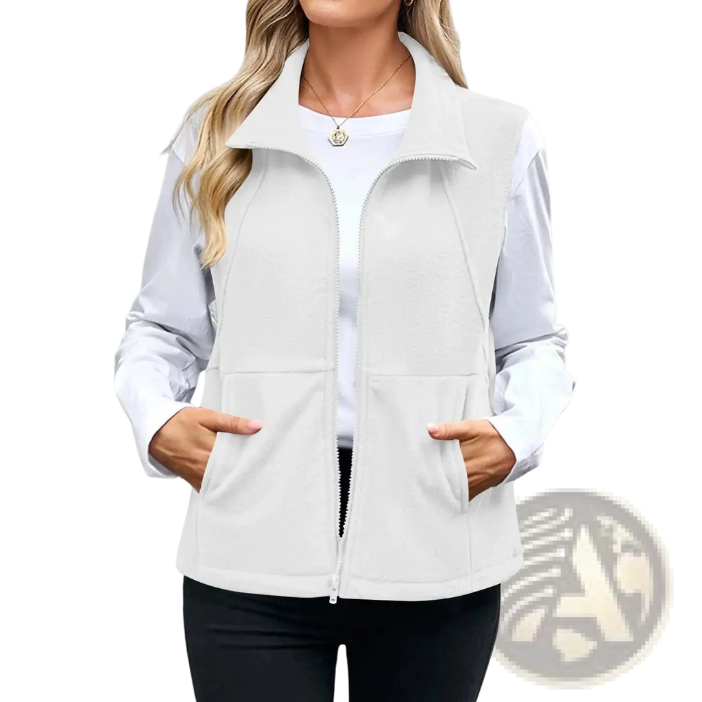 White fleece zip vest for women with a collar and two front pockets ideal for layering and outdoor wear