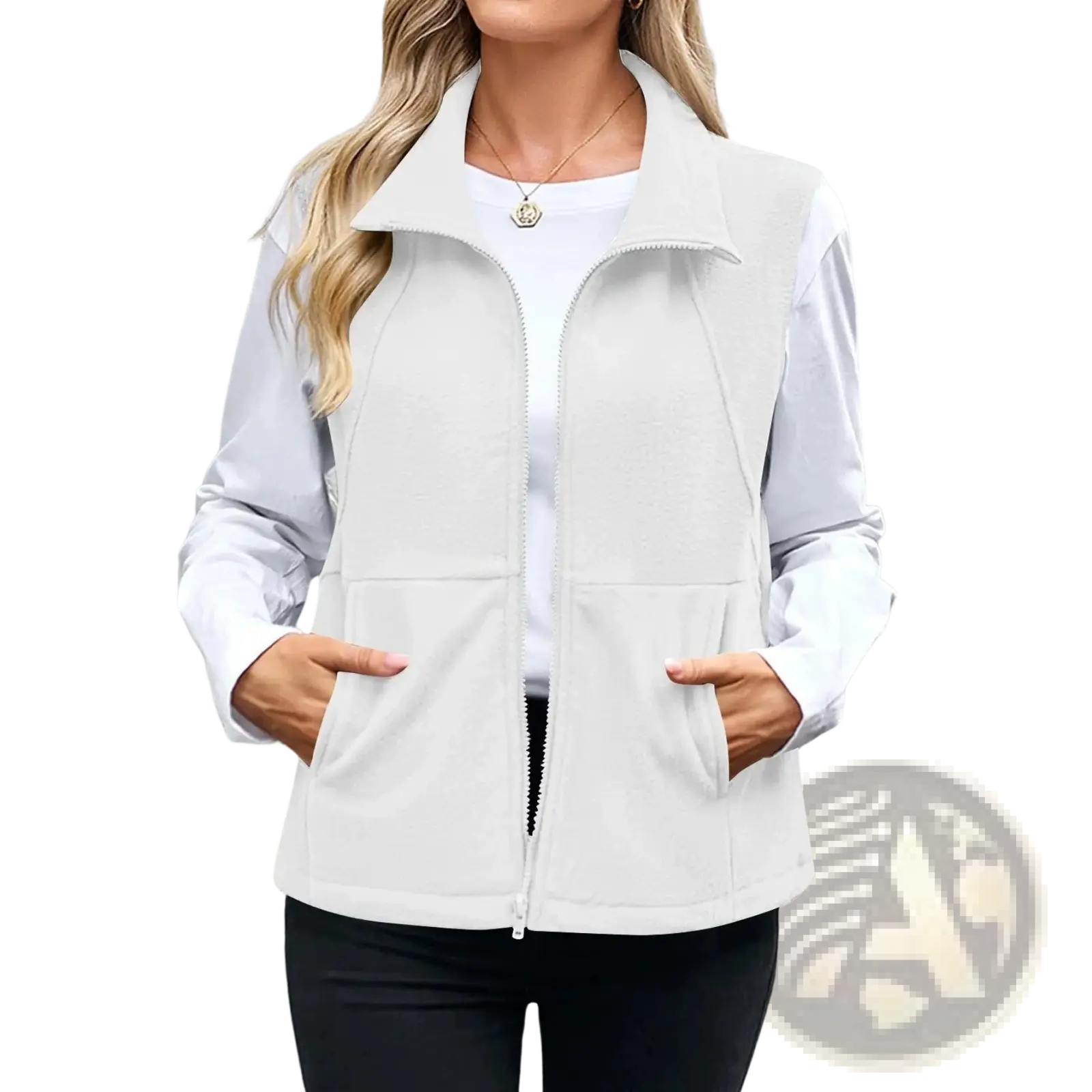 White fleece zip vest for women with a collar and two front pockets ideal for layering and outdoor wear