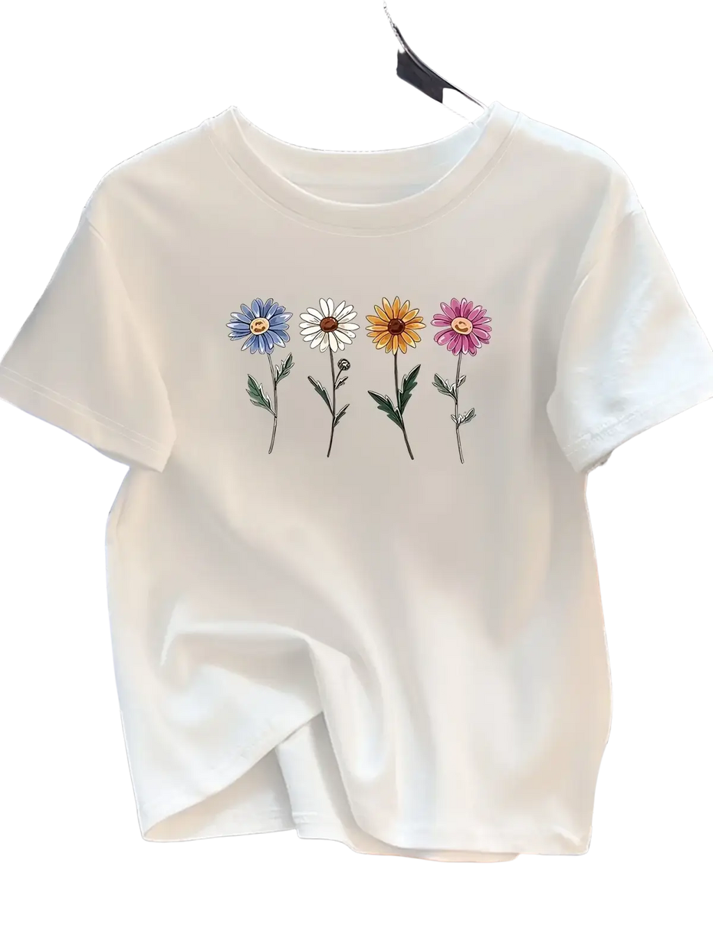 White short sleeve t shirt for women with colorful embroidered daisies in blue white yellow and pink on the front