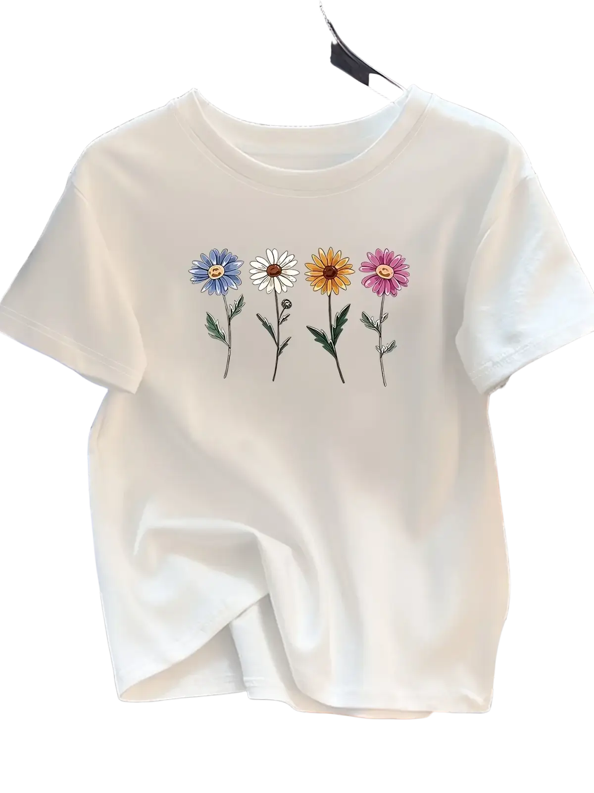 White short sleeve t shirt for women with colorful embroidered daisies in blue white yellow and pink on the front