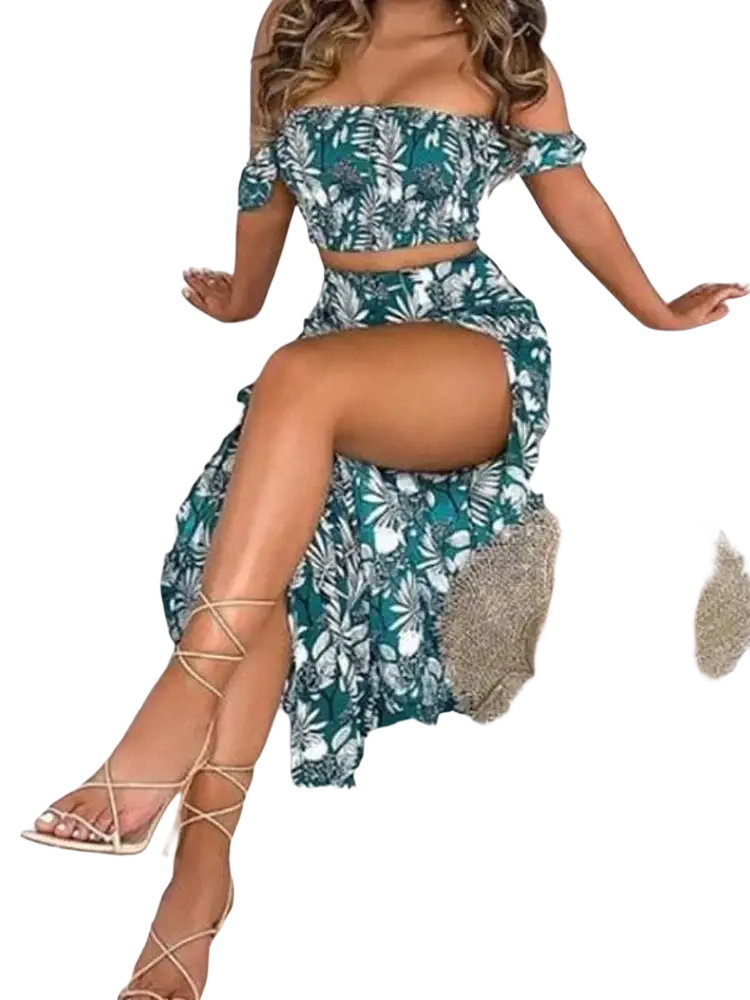 Women floral print two piece skirt set pullover featuring emerald green and white tropical leaf print with off shoulder top and closure type details