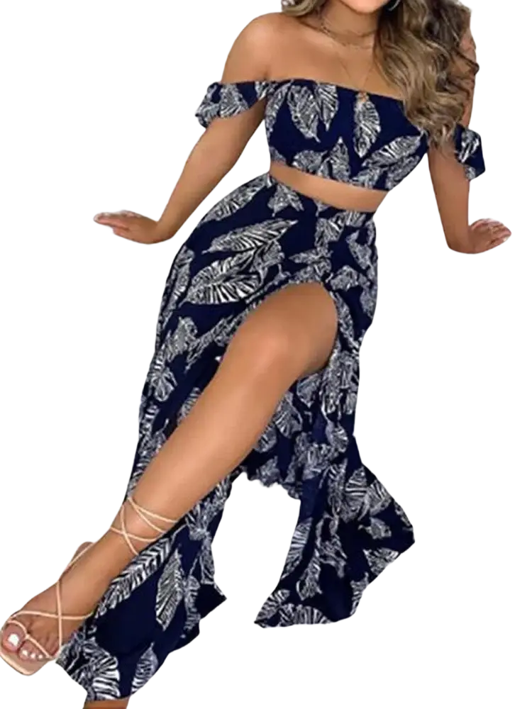 Women floral print two piece skirt set pullover in navy blue and white leaf pattern with elastic closure type