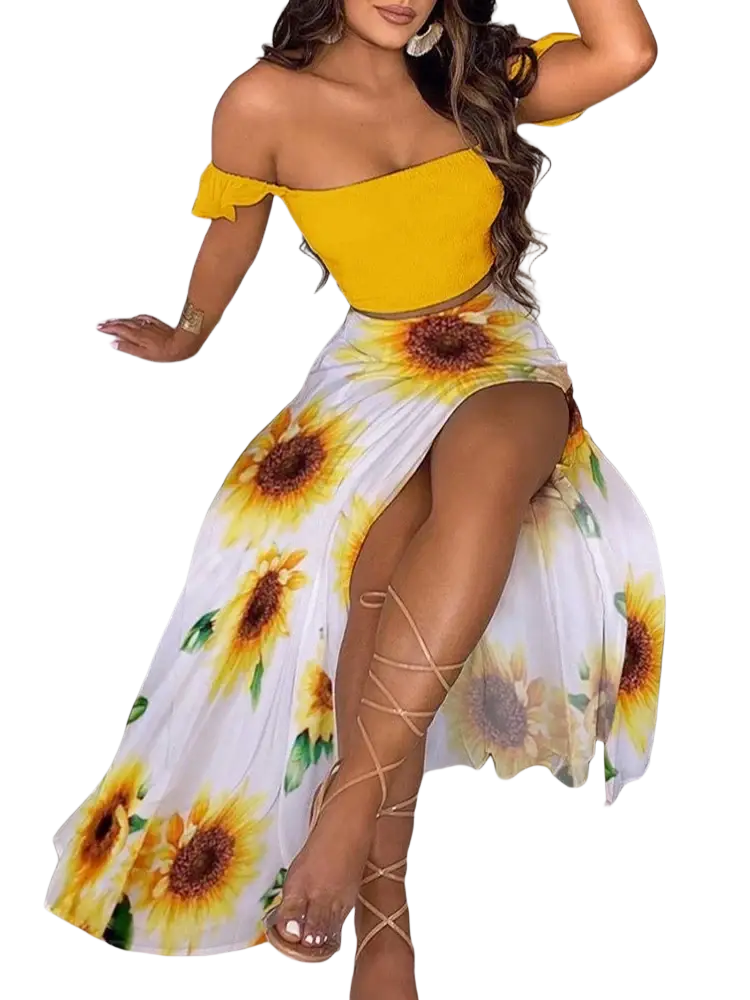 Women floral print two piece skirt set pullover with vibrant yellow off the shoulder crop top and sunflower print skirt closure type pullover