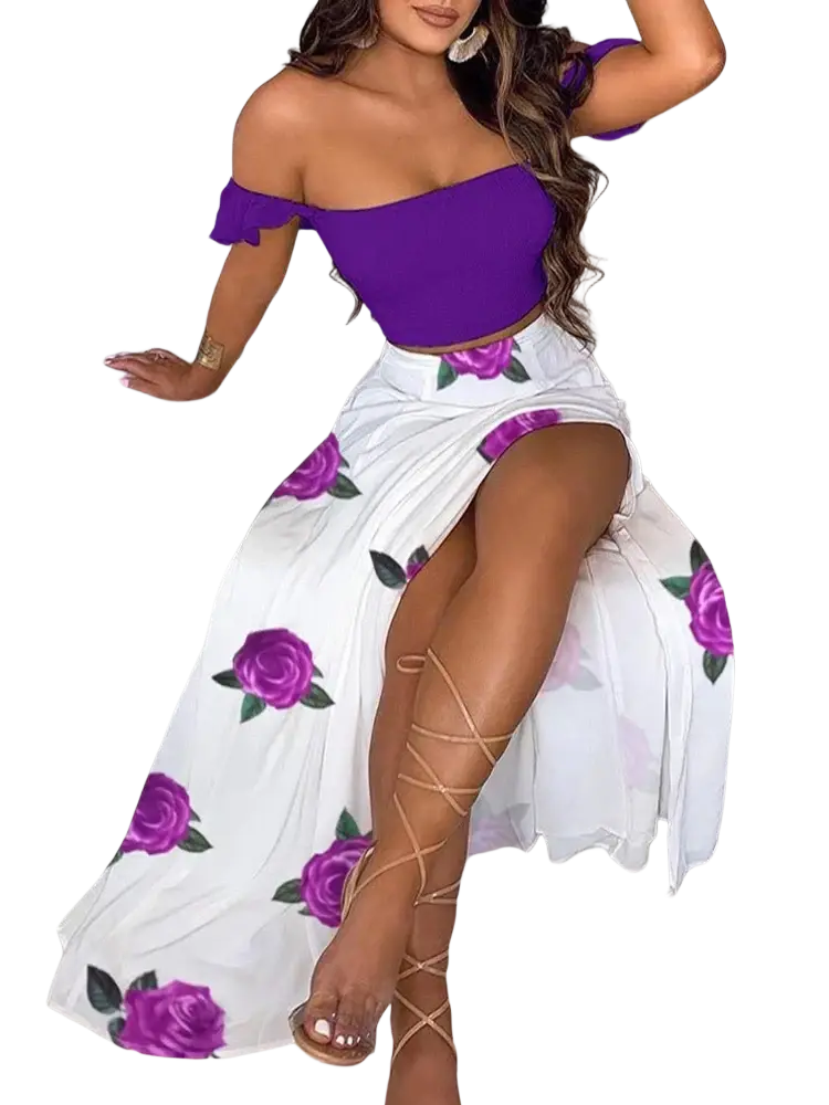 Women floral print two piece skirt set pullover with white maxi skirt purple rose print high slit and pull over closure type