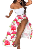 Women floral print two piece skirt set pullover with white off the shoulder ruffled top and rose print maxi skirt closure type pullover