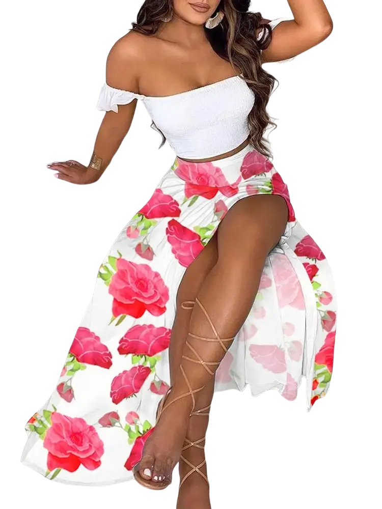 Women floral print two piece skirt set pullover with white off the shoulder ruffled top and rose print maxi skirt closure type pullover