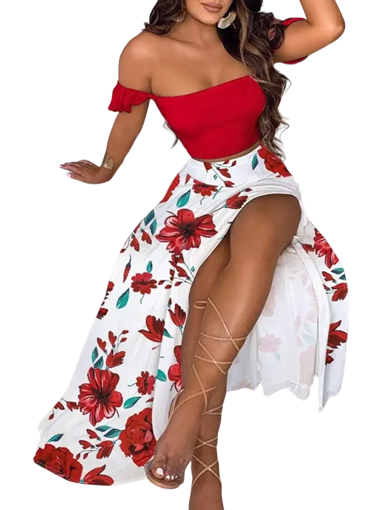 A woman wears a women floral print two piece skirt set pullover with vibrant red off the shoulder top and closure type details