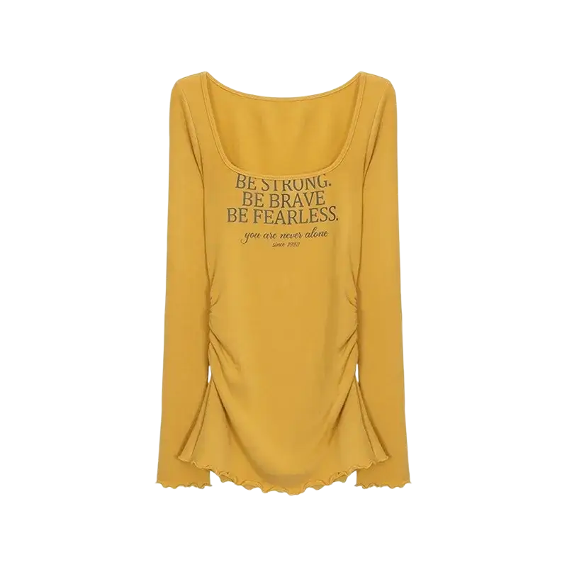 Women floral slim long sleeve t-shirt in mustard yellow with square neckline ruched sides and frayed hem
