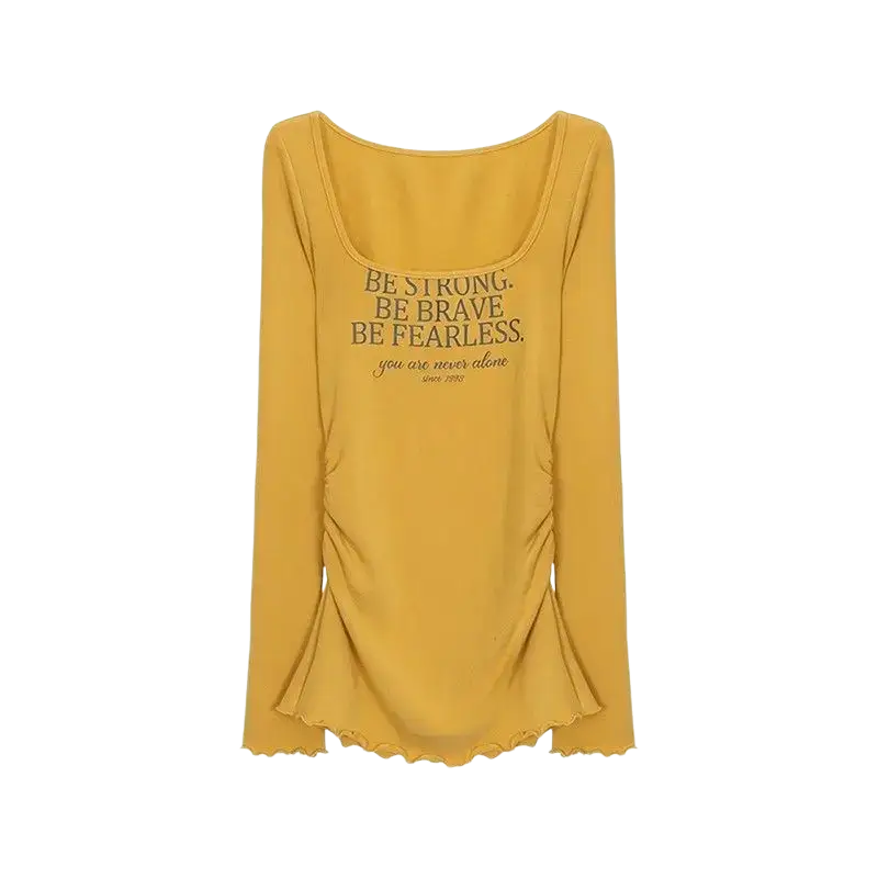 Women floral slim long sleeve t shirt in mustard yellow with square neckline ruched sides and frayed hem details
