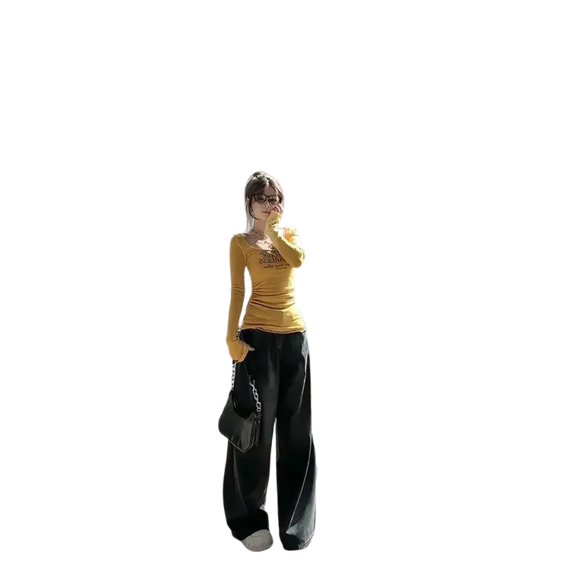 Yellow women floral slim long sleeve t-shirt with scoop neckline and lace trim at the hem in cotton fabric