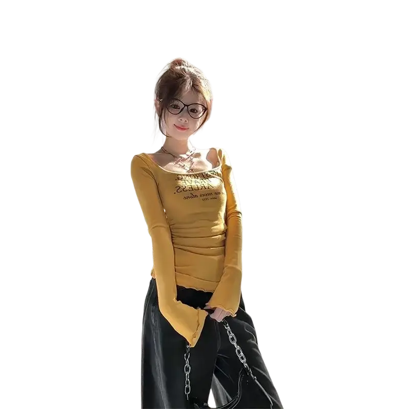 Yellow long-sleeved women floral slim t-shirt with square neckline and text print, ideal for casual wear