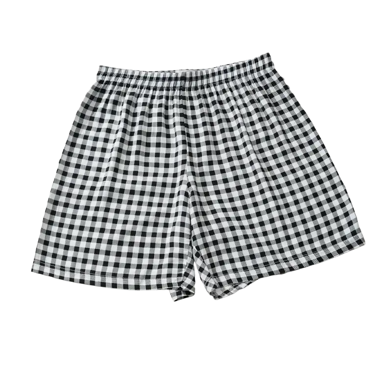 Women floral viscose lounge shorts in black and white checkered pattern with loose fit and elastic waistband