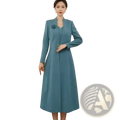Teal long-sleeved floor-length formal blazer dress with structured collar and rose brooch on left shoulder for women