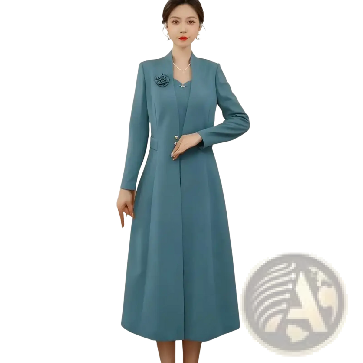 Teal long-sleeved floor-length formal blazer dress with structured collar and rose brooch on left shoulder for women