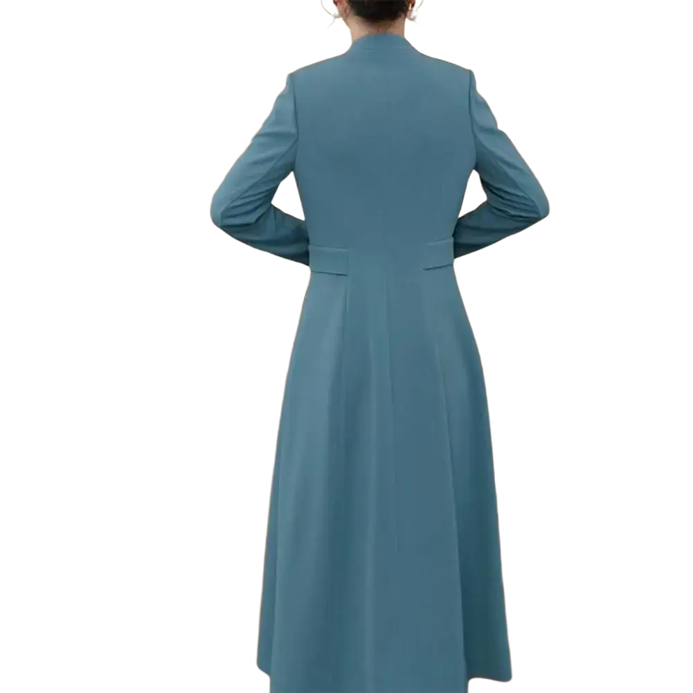 A sleek light blue long-sleeved formal blazer dress two piece set with high collar and tailored fit for women