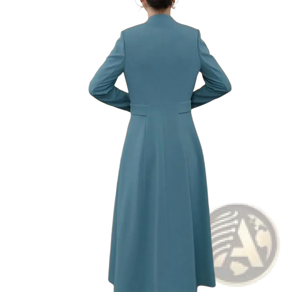 A sleek light blue long-sleeved formal blazer dress two piece set with high collar and tailored fit for women