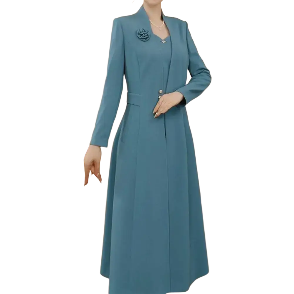 Women formal blazer dress two piece set featuring a sophisticated teal wool coat with structured collar and rose brooch accent
