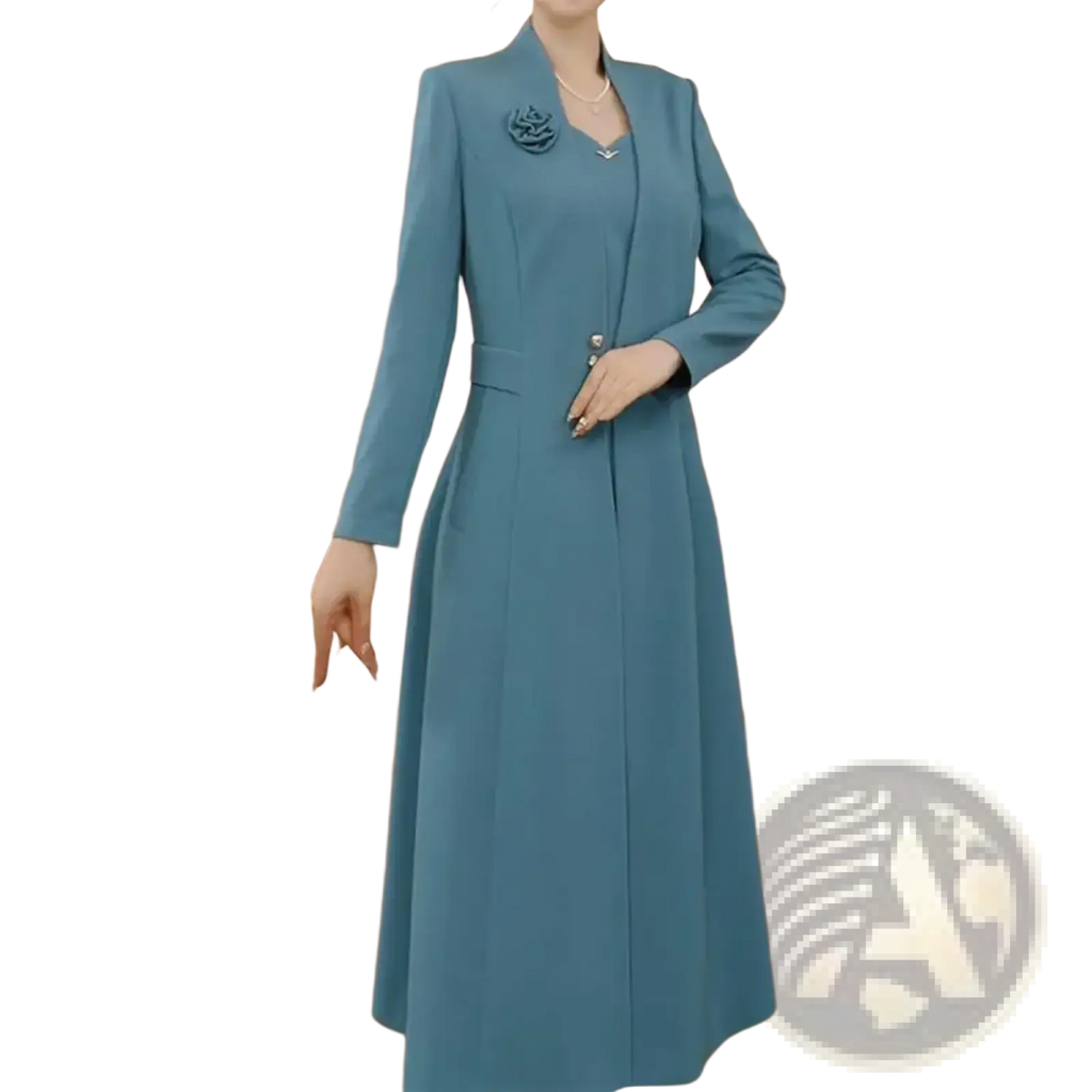 Women formal blazer dress two piece set featuring a sophisticated teal wool coat with structured collar and rose brooch accent