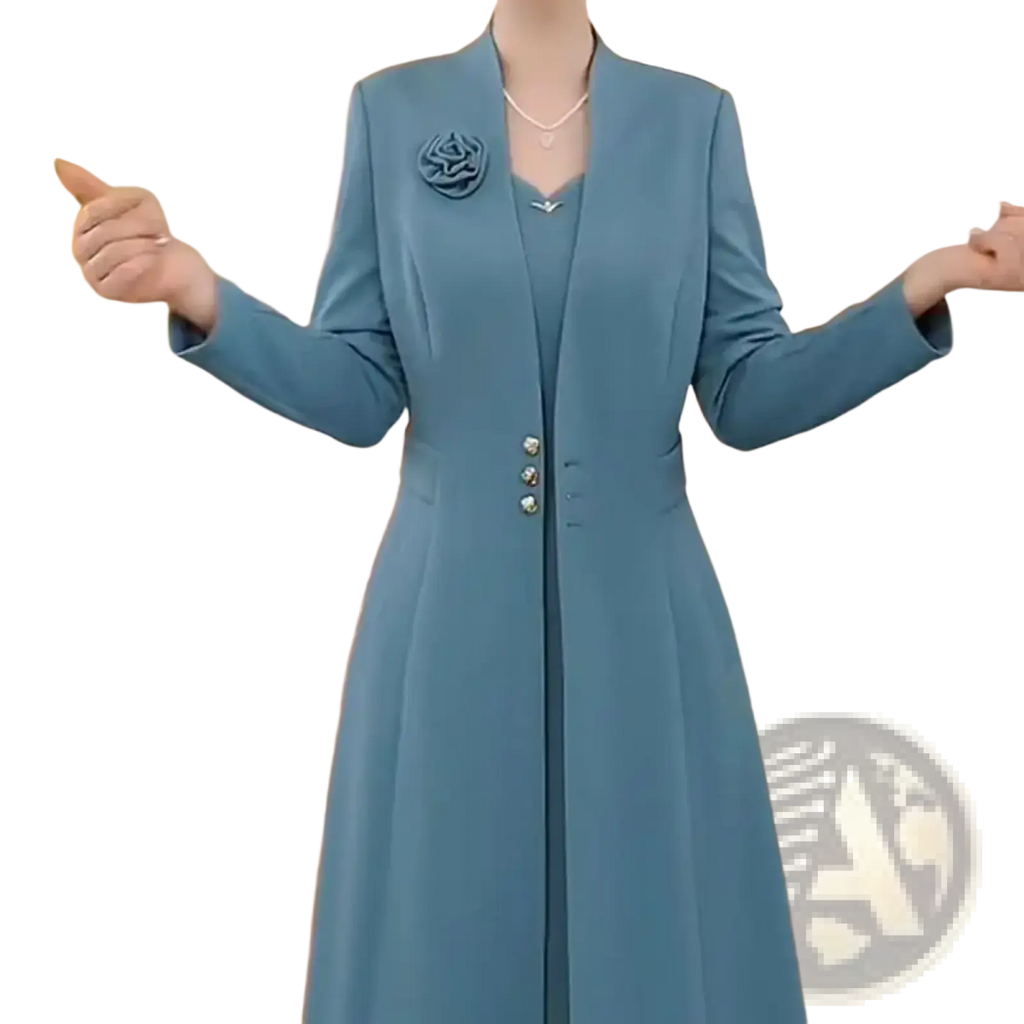 Teal long-sleeved women formal blazer dress two piece set with notched collar and three decorative buttons