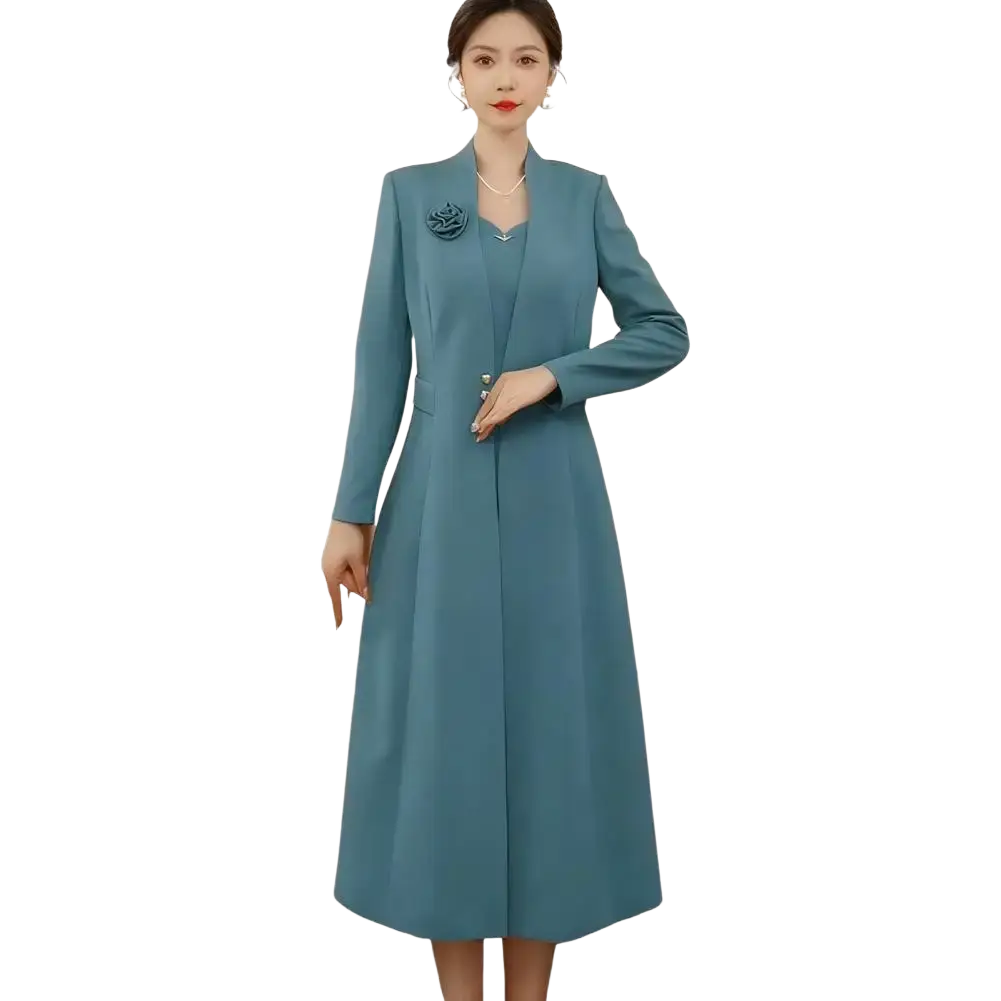 Teal long-sleeved floor-length formal blazer dress with structured collar and rose brooch on left shoulder for women