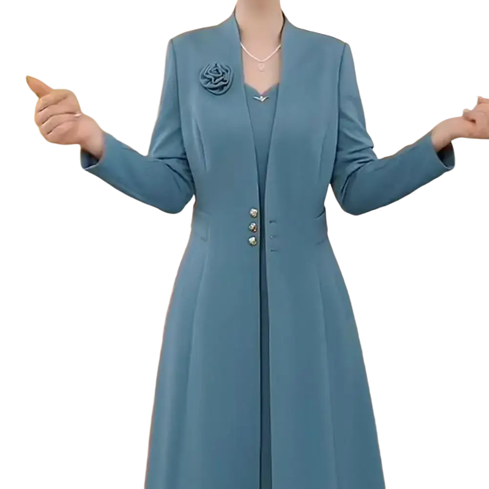 Teal long-sleeved women formal blazer dress two piece set with notched collar and three decorative buttons