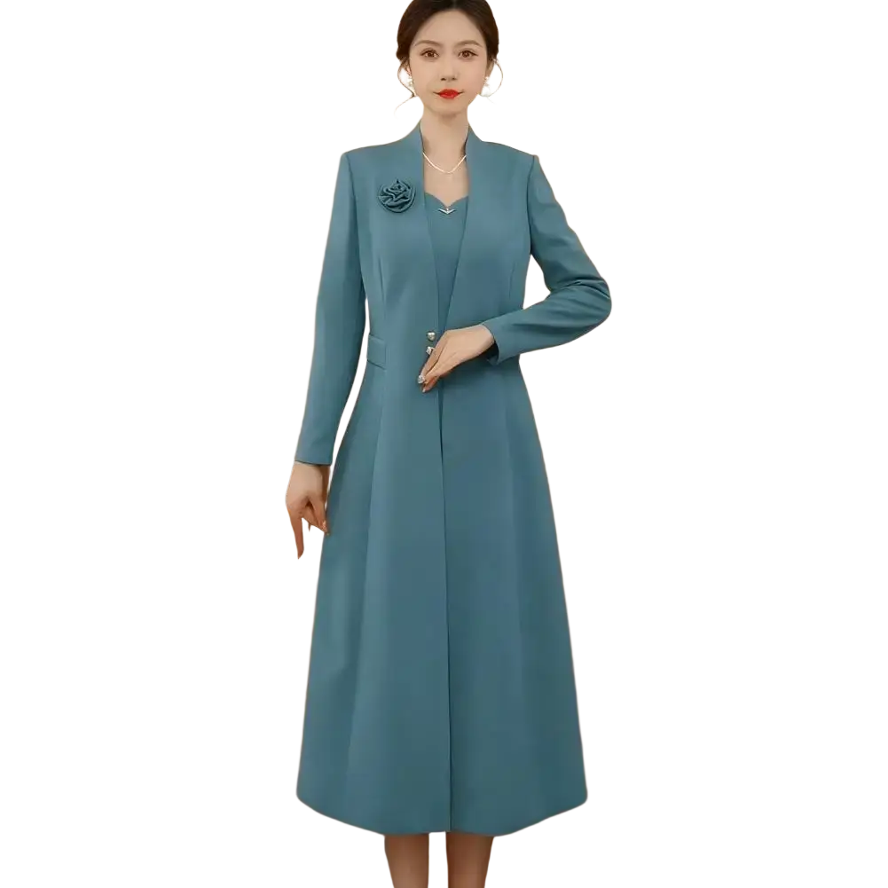 Women formal blazer dress two piece set featuring a teal long-sleeved formal coat with a floral brooch at the collar