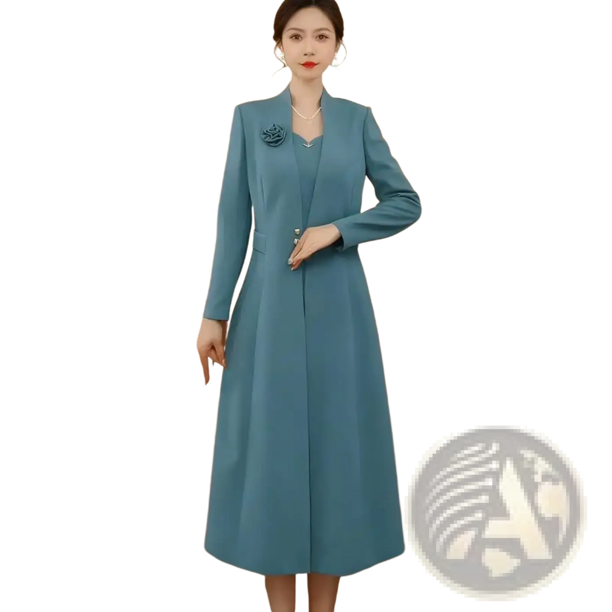 Women formal blazer dress two piece set featuring a teal long-sleeved formal coat with a floral brooch at the collar