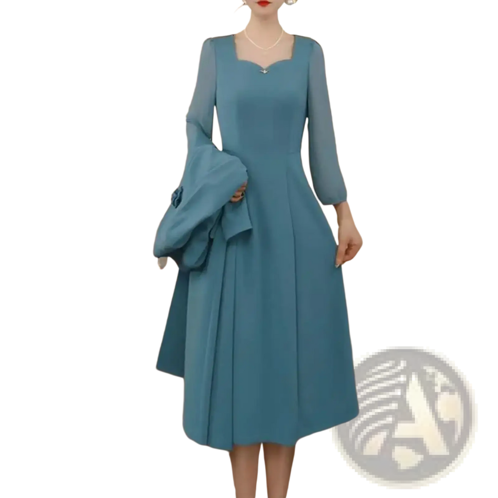 A woman wears a teal long-sleeved midi dress with square neckline and pleated skirt in a women formal blazer dress set