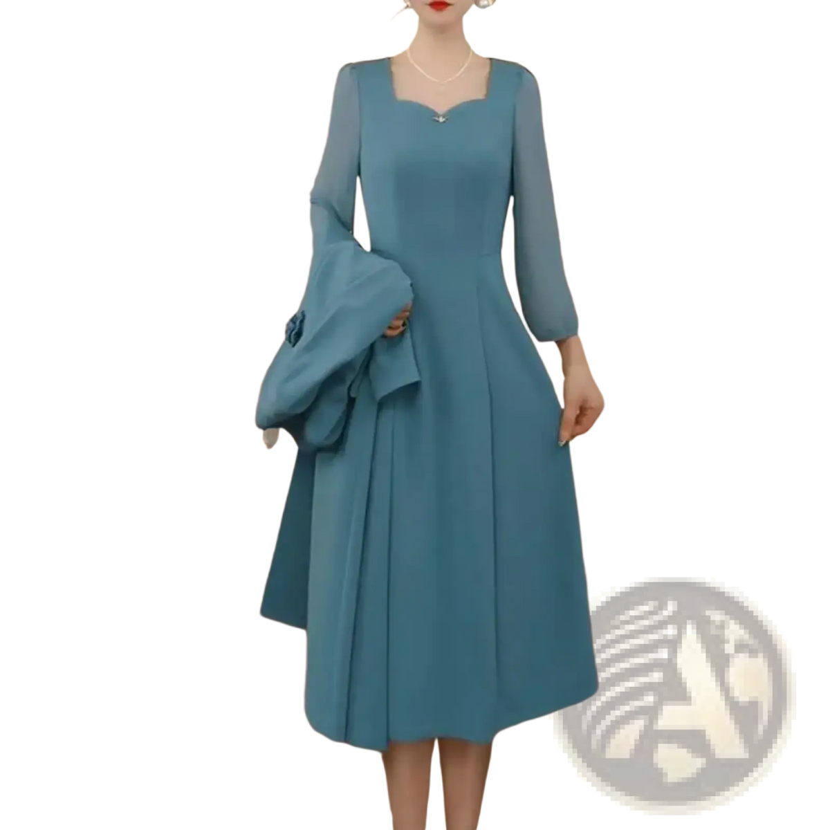 A woman wears a teal long-sleeved midi dress with square neckline and pleated skirt in a women formal blazer dress set