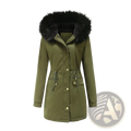 Women fur collar winter parka olive green with black faux fur hood gold tone buttons cotton padded coat front view