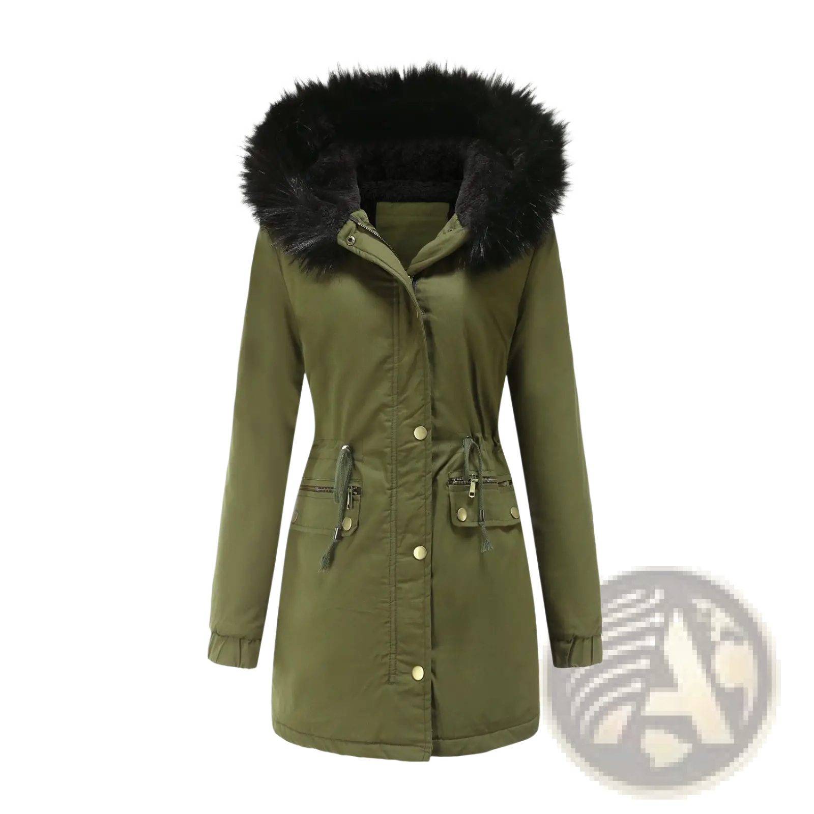 Women fur collar winter parka olive green with black faux fur hood gold tone buttons cotton padded coat front view