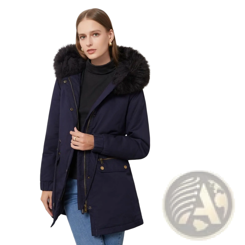 Navy blue women fur collar winter parka cotton padded coat with plush black fur-lined hood and gold-tone hardware