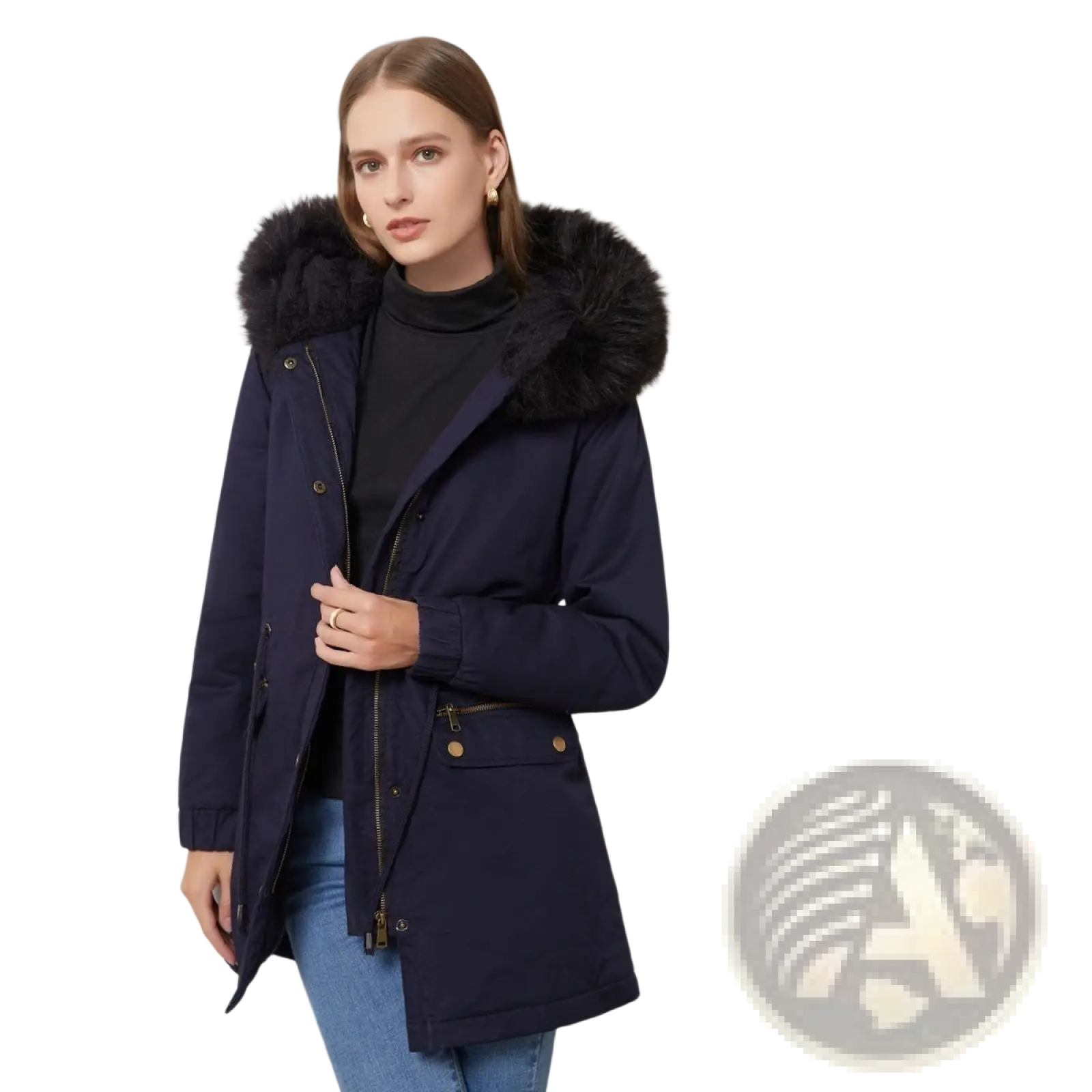 Navy blue women fur collar winter parka cotton padded coat with plush black fur-lined hood and gold-tone hardware