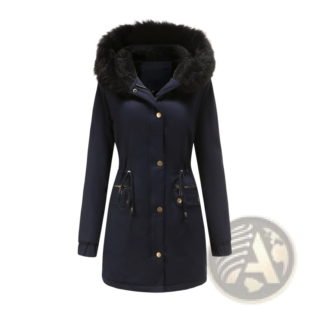 Navy blue women fur collar winter parka with black fur-lined hood cotton padded coat featuring gold-tone buttons