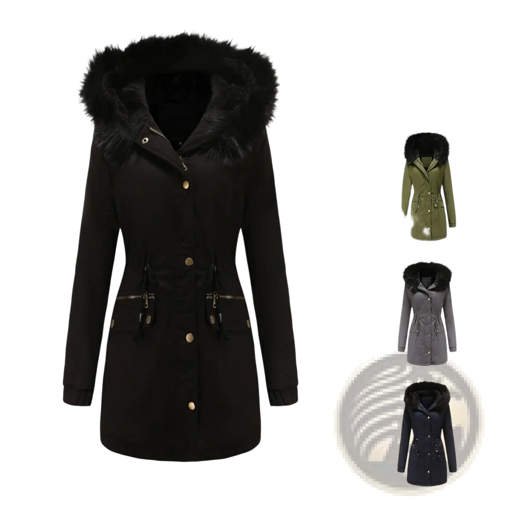 Black thick fleece women fur collar winter parka with plush black fur-lined hood and gold-tone buttons cotton padded coat