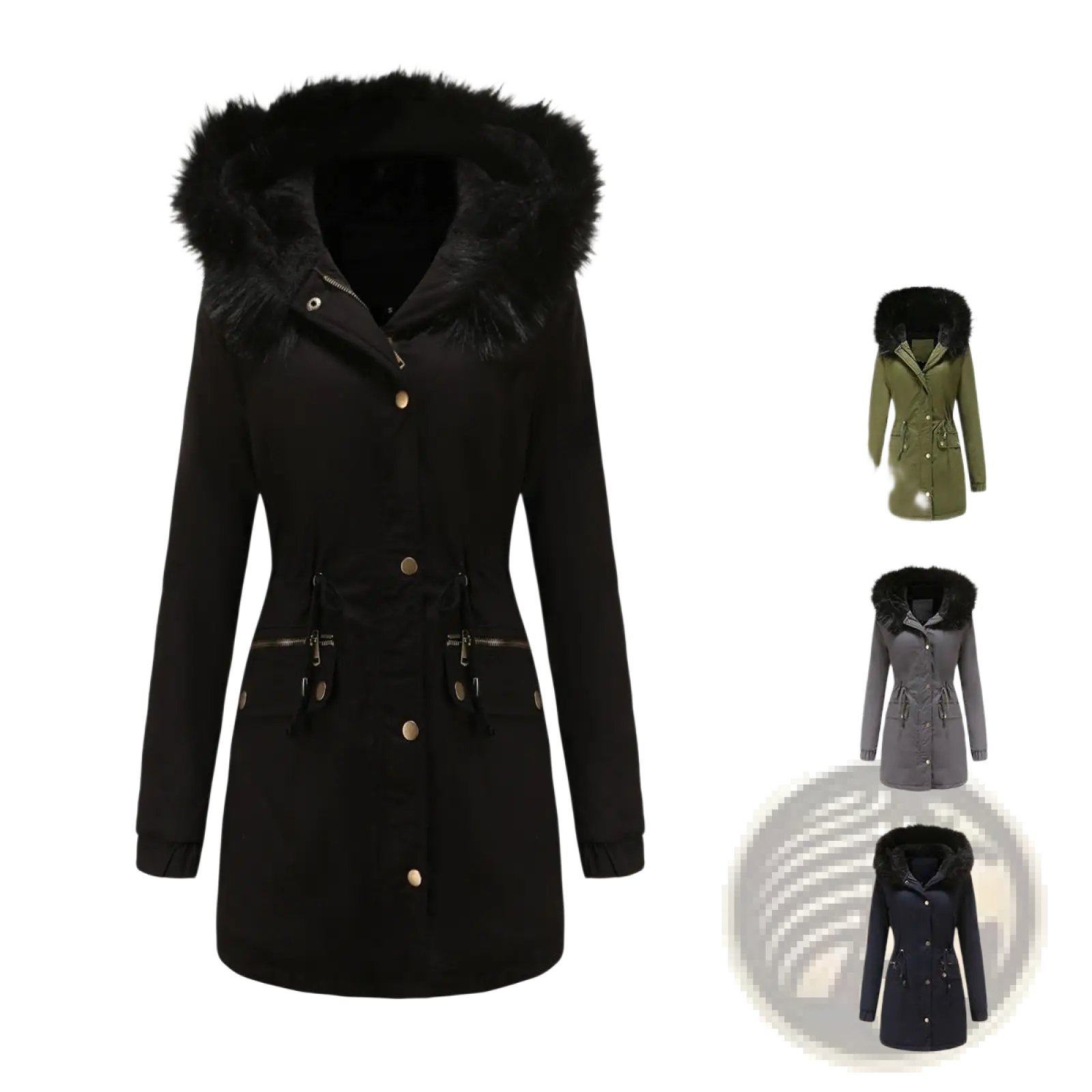 Black thick fleece women fur collar winter parka with plush black fur-lined hood and gold-tone buttons cotton padded coat