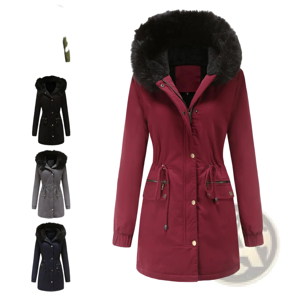 Women fur collar winter parka maroon cotton padded coat with faux fur-lined hood drawstring waist and front pockets
