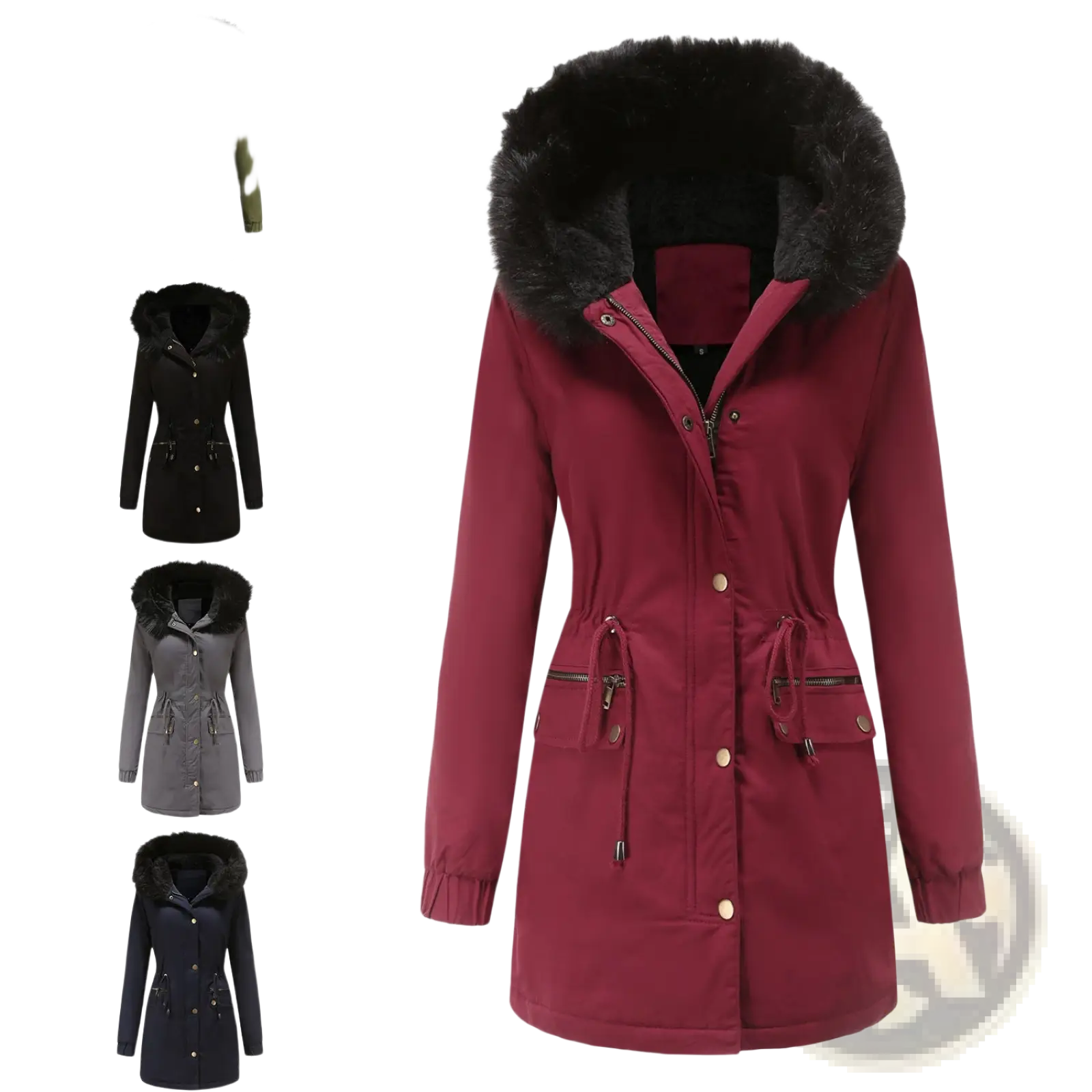 Women fur collar winter parka maroon cotton padded coat with faux fur-lined hood drawstring waist and front pockets