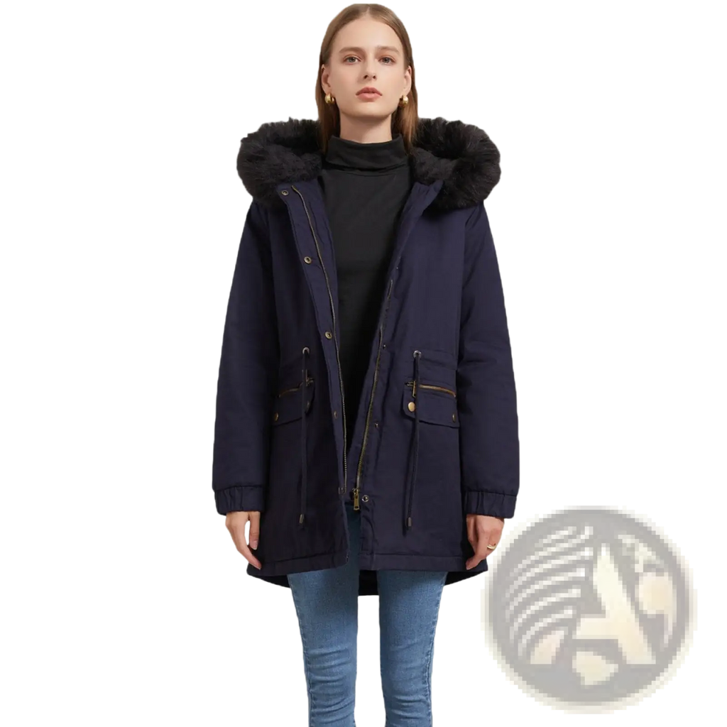 Navy blue women fur collar winter parka with black fur-lined hood gold-tone zippers cotton padded coat front view